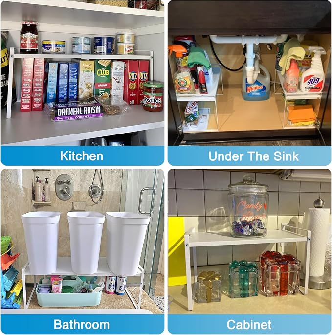 Yuleimy 9" Deep Expandable Cabinet Shelf Organizer, 14" to 26" Adjustable Metal Countertop Riser for Under Sink and Kitchen Cupboard Storage, Heavy Duty 55 Lbs Anti-Sag Central Rod, White, 1-Pack