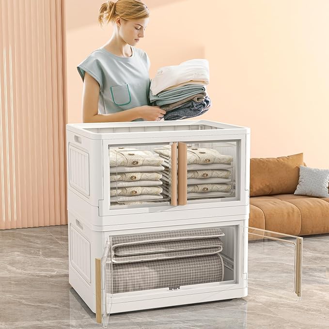 Collapsible Storage Bins with Lids, Wooden Handles 92Qt Large 4 Packs Stackable Storage Bin with Individual Lids, Foldable Storage Cabinet for Home, Office, Dorms