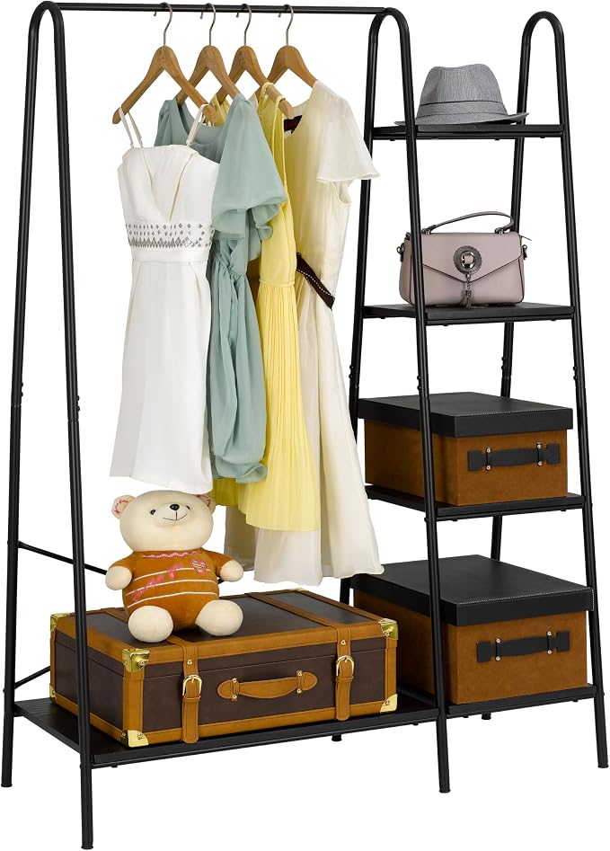 Finnhomy Rustic Clothes Rack, Clothing Rack for Hanging Clothes Heavy Duty Garment Rack with 5 Wood Shelves Freestanding Portable Closet Organizer for Bedroom/Entryway/Boutiques，Matte Black