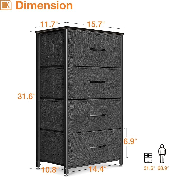 ODK Small Dresser for Bedroom with 4 Storage Drawers, Black | Dresser Chest of Fabric Drawers with Sturdy Steel Frame for Small Space, Wood Top