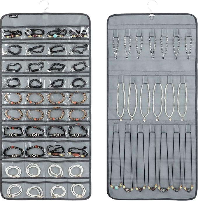 Dual-sided Hanging Jewelry Organizer with 40 Pockets and 20 Hook Loops Necklace Holder Jewelries Organizer for Earrings Bracelets Rings with 360 Degree Rotating Hanger (40 Pockets and 20 Hook Loops-Grey)