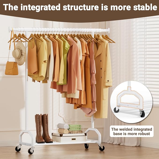 Heavy Duty Rolling Clothing Rack, 450 lbs Capacity Metal Clothes Rack with Wheels, 65" Tall Freestanding Hanging Rack for Bedroom, Laundry Room, Retail Display, White