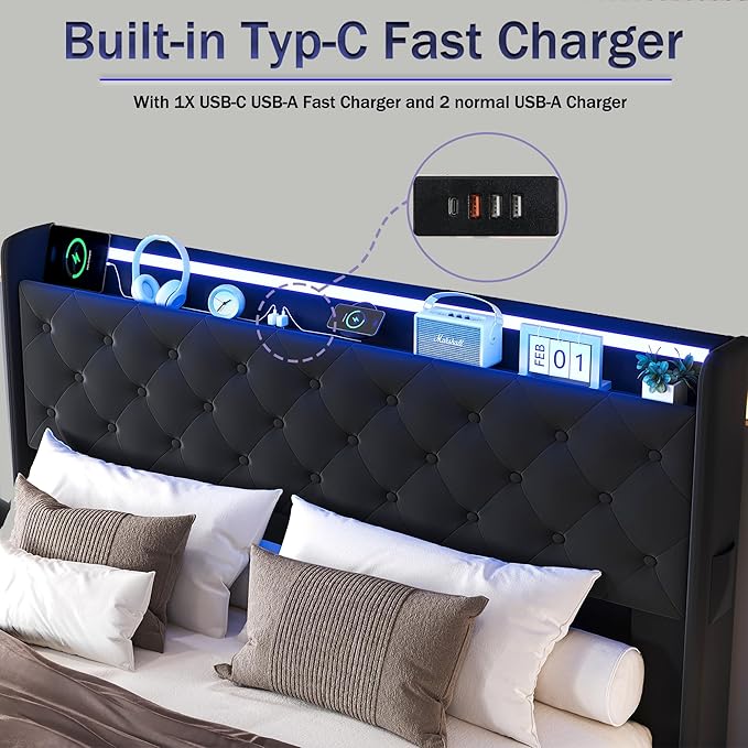 Ailisite Lift Up Storage Bed Queen, Bed Frame Queen Size with Charging Station&Led Lights, Upholstered Platform Bed with Wingback Storage Headboard, Hydraulic Lift System,No Box Spring Needed,Black | Lift up storage, breathable material