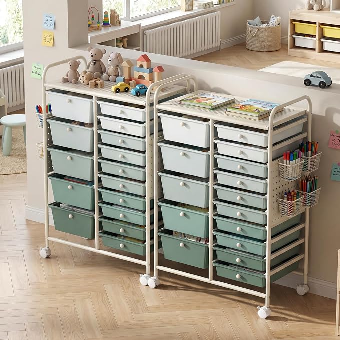 DREAMADE 15-Drawer Rolling Storage Cart, Craft Cart, Gradient Green | Mobile Utility Cart with Metal Pegboard Panels, Tabletop and Lockable Wheels for Classroom, Office, Studio and Playroom