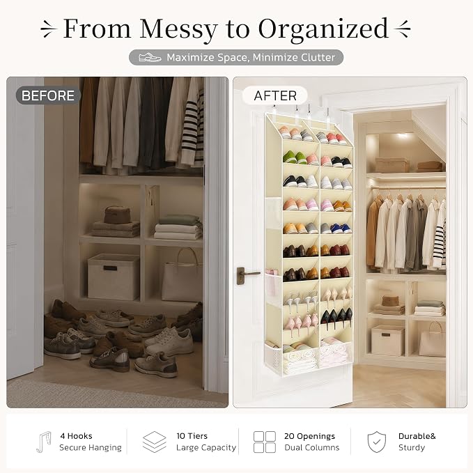 Criusia Over the Door Shoe Organizer, 20-30 Pairs Heavy-Duty Hanging Shoe Storage with Large Pockets, 10-Tier Door Shoe Rack with 4 Hooks for Sneakers Sandals Heels Boots (Beige)