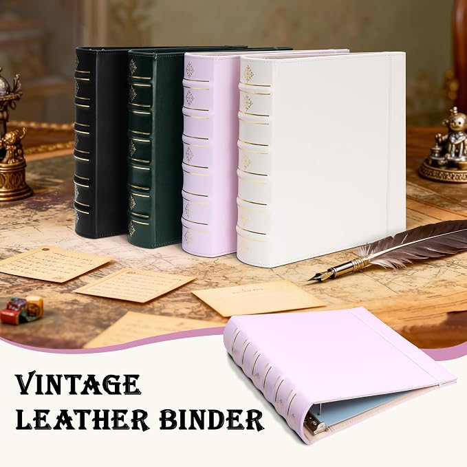 Ospelelf Leather 3 Ring Binder 2 Inch, Vintage D Ring Binder with Pockets and 5 Tab Dividers, Hardback Book Style Document Organizer Fits Letter Size for Home and Office Pink