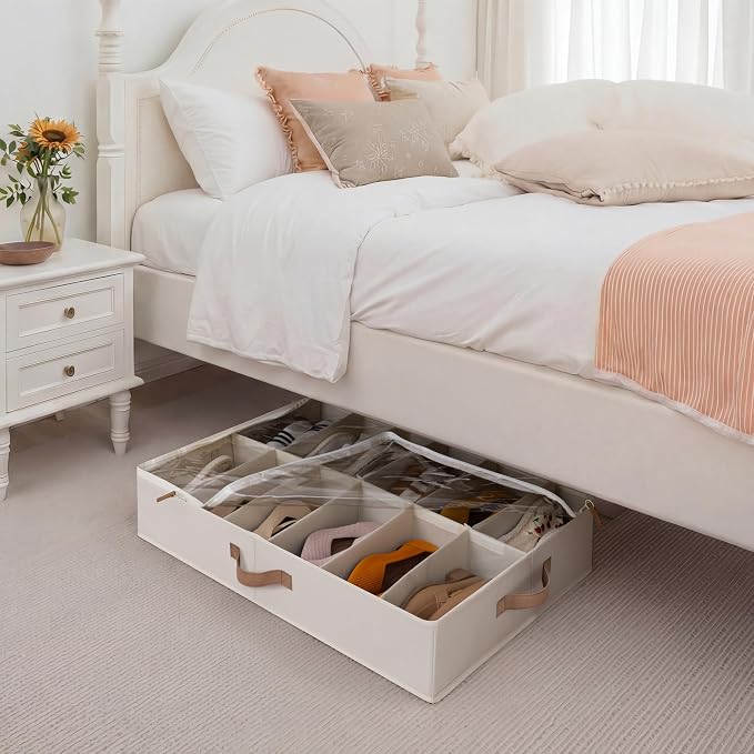 StorageWorks 2-Pack 24-Pair Under Bed Shoe Storage Organizer, Beige | Adjustable Dividers, Up to 12 Pairs Each, 5.25" Height, Fits 6-inch+ Clearance, Clear Top, Soft Handles, For Closet, Bedroom