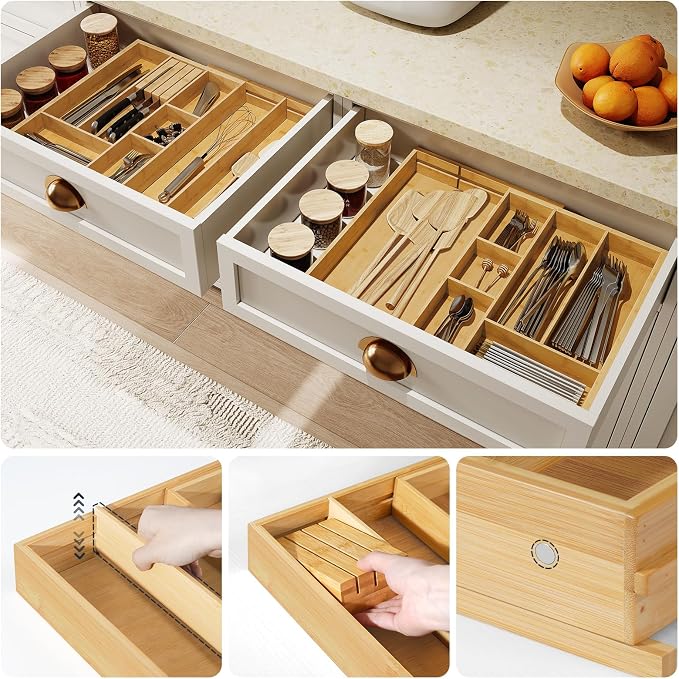 HOOBRO Large Silverware Organizer Kitchen Drawer Organizer, Magnetic Connected Expandable Utensil Organizer From 22.8 to 35.4 Inches, Bamboo 16 Slots Cutlery Tray with Knife Holder, Natural YL07TL01