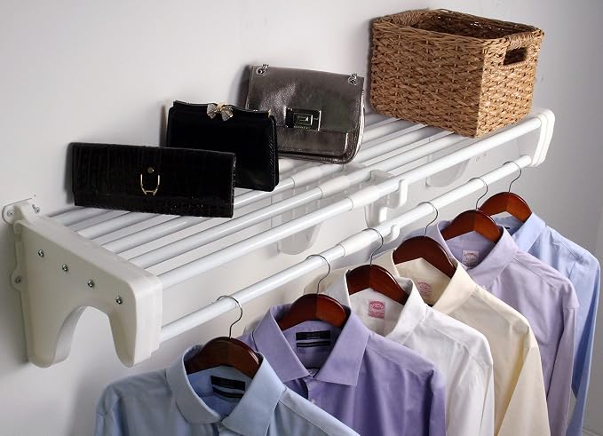EZ Shelf- Closet Shelf with Hanging Rod - 42.5” to 75" Expandable, White, Closet Shelves – Strong, Holds 200 lbs – Easy Install – Backwall (Floating) with 2 End Brackets, Alternative to Wire Shelving