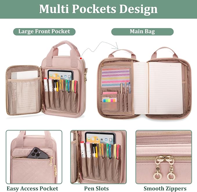 Teamoy Journal Supplies Storage Case, Planner Bag with Pen Slots, Pink | Quilted Stationery Bag with Shoulder Strap, Travel Organizer Holder for B5 Notebooks, Planner, Pens, and Journal Accessories