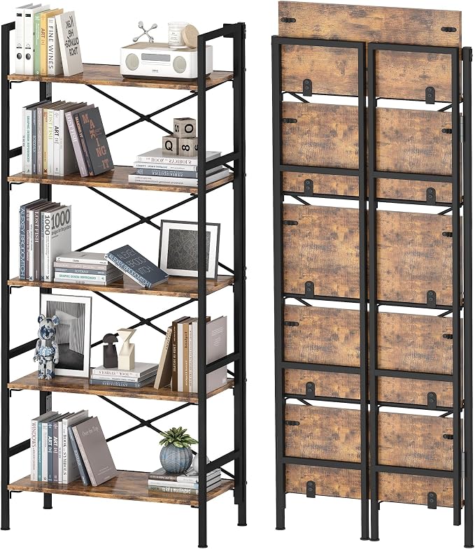 Homeiju Folding Bookshelf,5 Tier Bookcase Foldable Shelf with X-Bracket Design, Adjustable Feet, Space Saving Storage for Living Room, Office, Rustic Brown