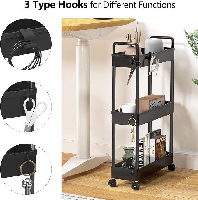 SOLEJAZZ Slim Rolling Storage Cart Skinny Bathroom Organizer, 3 Tier, Black | Thin utility cart with wheels for bathroom, laundry room, bedside, kitchen, dorm, office, next to fridge, small narrow places