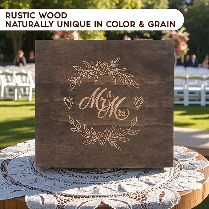 Mr and Mrs Wedding Memory Box- Wooden Keepsake Box with Lid for Couples, Rustic Storage Box for Cards, Photos & Mementos, Anniversary & Engagement Gift- 11.4x11.4x4.5 Inches