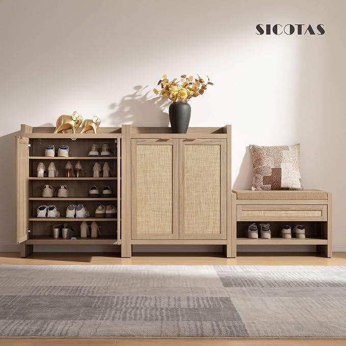 SICOTAS Shoe Cabinet, 24 Pair Shoe Storage Organizer Cabinet, 41" Tall Rattan Shoe Cabinet with Doors and Shelves, 6-Tier Farmhouse Boho Wooden Storage Cabinet for Entryway Hallway Closet, Light Oak