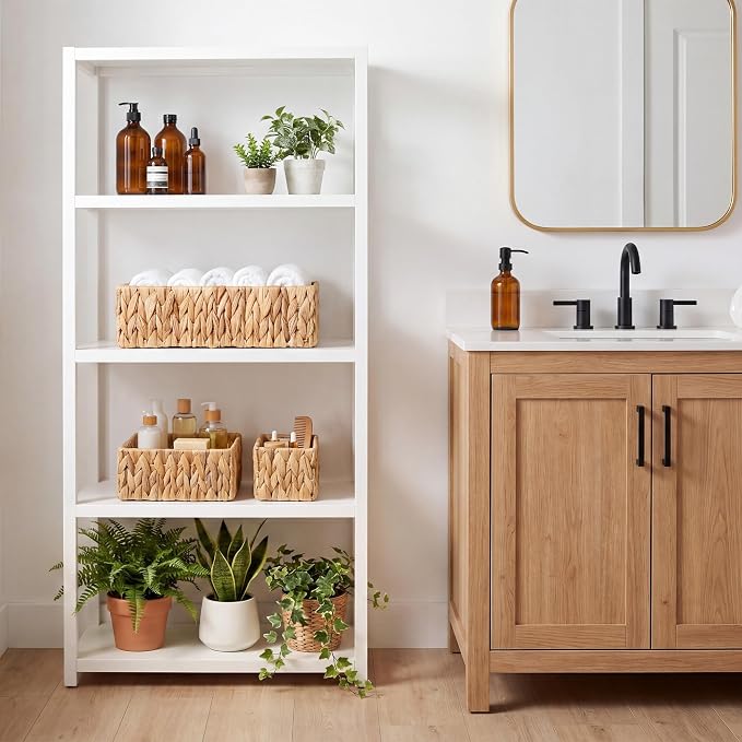 StorageWorks Pantry Baskets for Shelves 3 Pack, Rectangular Wicker Basket with Handles, Natural Water Hyacinth Woven Baskets for Living Room, Toilet, Shelf Storage Basket for Home Decor