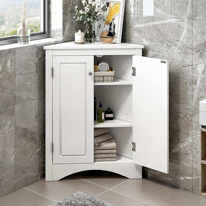 Corner Storage Cabinet with Adjustable Shelves, Triangle Bathroom & Kitchen Organizer, Freestanding Floor Cabinet for Toilet Kitchen Bathroom Cleaning Supplies (White)