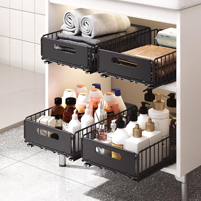 Pull out Cabinet Organizer Fixed with Adhesive Nano Film,Heavy Duty Slide out Pantry Shelves Drawer Storage,Sliding Mesh Cabinet Basket for Kitchen, Bathroom,Home, 9.65"W X14.76"D X7.48"H, pack of 2
