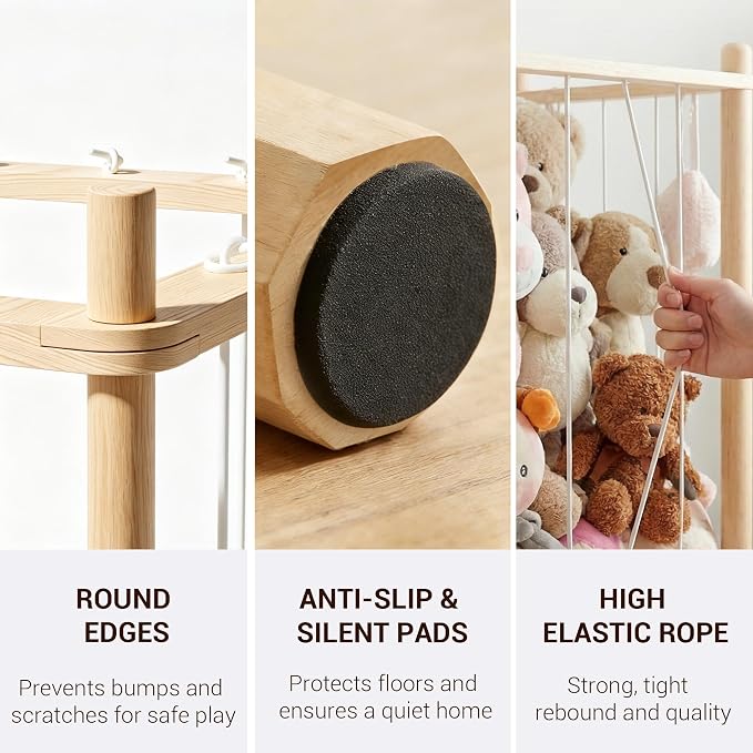 Kiddocood Kids CPC & TIC Certified Stuffed Animal Storage - 3-Tier Large Natural Solid Wood Plush Toy Organizer & Holder, Corner Solution for Playroom & Nursery, BPA-Free & Zero Glue, 53"H