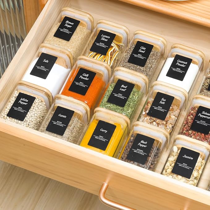 ComSaf Glass Spice Jars with Labels 6 oz 6 Pack Small Square Bamboo Lids | Empty Containers, Seasoning Herbs Powders, Salt Pepper Chili, Kitchen Cabinet Storage Starter Set, Dry Goods
