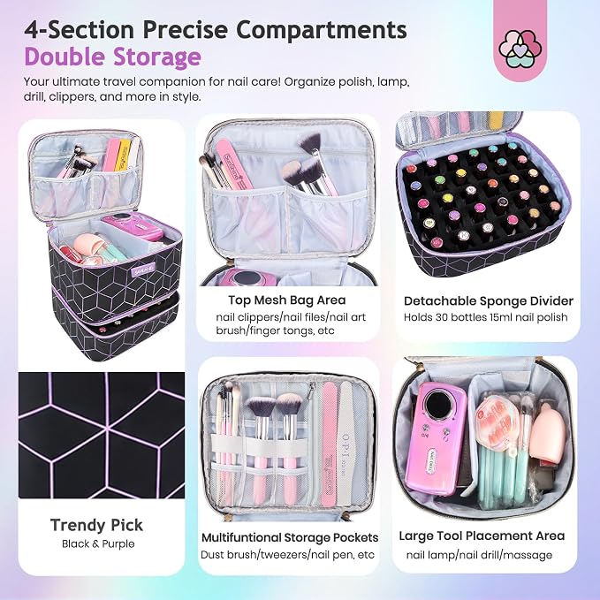 SAVILAND Nail Polish Organizer Bag: PU Leather Nail Kit Organizer Holds 30 Bottles & Nail Lamp, Black Nail Supply Organizer Nail Polish Carrying Case Gel Nail Organizers and Storage Box for Nail Tech