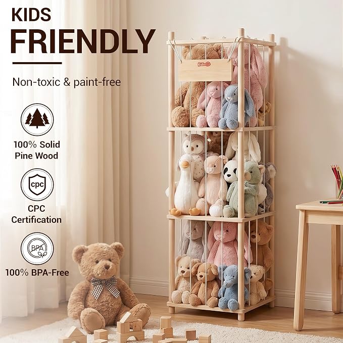 Kiddocood Kids CPC & TIC Certified Stuffed Animal Storage - 3-Tier Large Natural Solid Wood Plush Toy Organizer & Holder, Corner Solution for Playroom & Nursery, BPA-Free & Zero Glue, 53"H