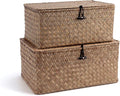 Nonam Storage Basket with Lid, Natural Seagrass Bin with Lid Set of 2, Shelf Baskets Multipurpose Container for Boho Decoration, Rectangular Household Storage Boxes for Home Organization-Coffee