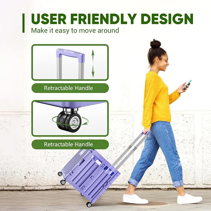 Folding Utility Cart, Portable Rolling Crate Handcart Collapsible Shopping Trolley with Lid, Foldable Tool Box Basket with 4 Rotate Wheels for Grocery, Office, Luggage, School - Purple