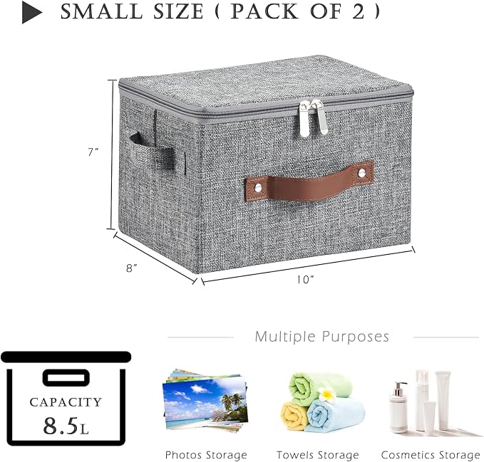 2 Pack Storage Bins with Zipper Lid Cotton Linen Fabric Lidded Storage Baskets Boxes Foldable Washable Closet Shelf Clothes Organizer Container with PU Leather Handles (Gray, Small Size)