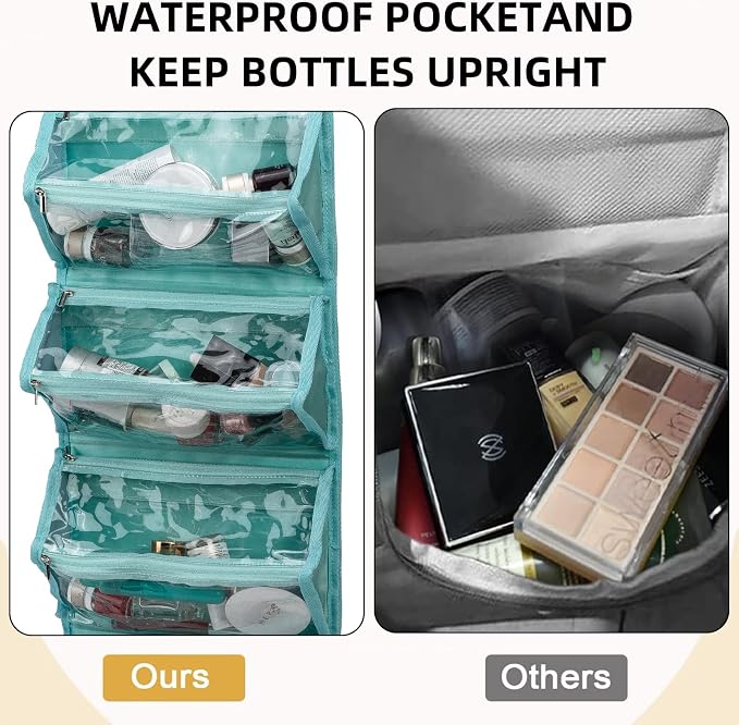 ROYALFAIR Roll Up Makeup Bag, Waterproof Toiletry Bag for Women, Hanging Travel Organizer with Jewelry Organizer Compartment, Extra Large 4 Clear TSA Approved (light blue)