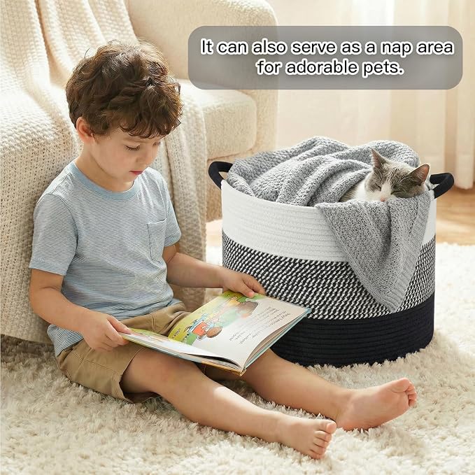 Artfeel 40L Large Cotton Rope Basket, Decorative Woven Blanket Storage for Living Room, Boho Toy Storage & Toy Box for Kids, Versatile Laundry Basket & Nursery Hamper for Blankets(Black)