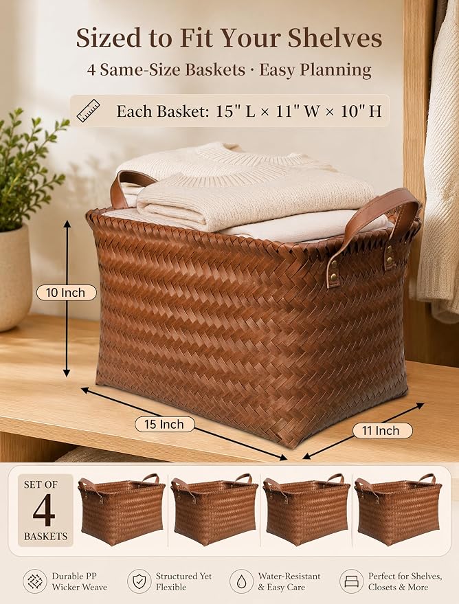 Hand Woven Baskets for Storage, 4Pcs Water-Resistant Wicker Baskets, Brown Wicker Storage Baskets for Shelves, Large Basket with Handle for Organizing, Clothes, Laundry, Blanket - Rectangular