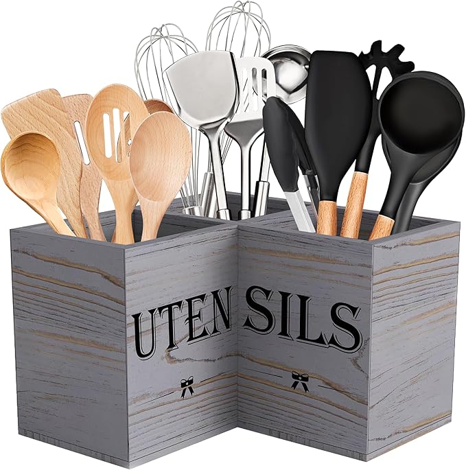 Suli Extra Large Utensil Holder Countertop for Kitchen Counter,Grey Grain | Hold 40 Utensil,Removable Divider,Rutic Silverware Organizer Caddy,Spacesaving,Farmhouse Cooking Crock for Spatula,Spoon,Wood