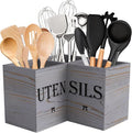 Suli Extra Large Utensil Holder Countertop for Kitchen Counter,Grey Grain | Hold 40 Utensil,Removable Divider,Rutic Silverware Organizer Caddy,Spacesaving,Farmhouse Cooking Crock for Spatula,Spoon,Wood