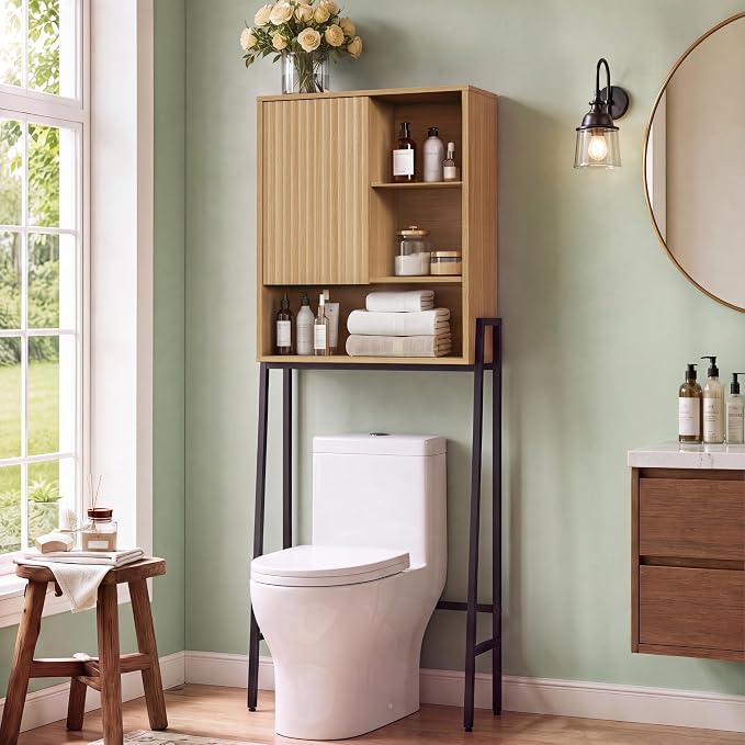 24" W Over The Toilet Storage Cabinet with Fluted Door,Bathroom Organizers and Storage with Adjustable Shelves, Modern Over Toilet Organizer for Bathroom,Restroom,Laundry,Oak
