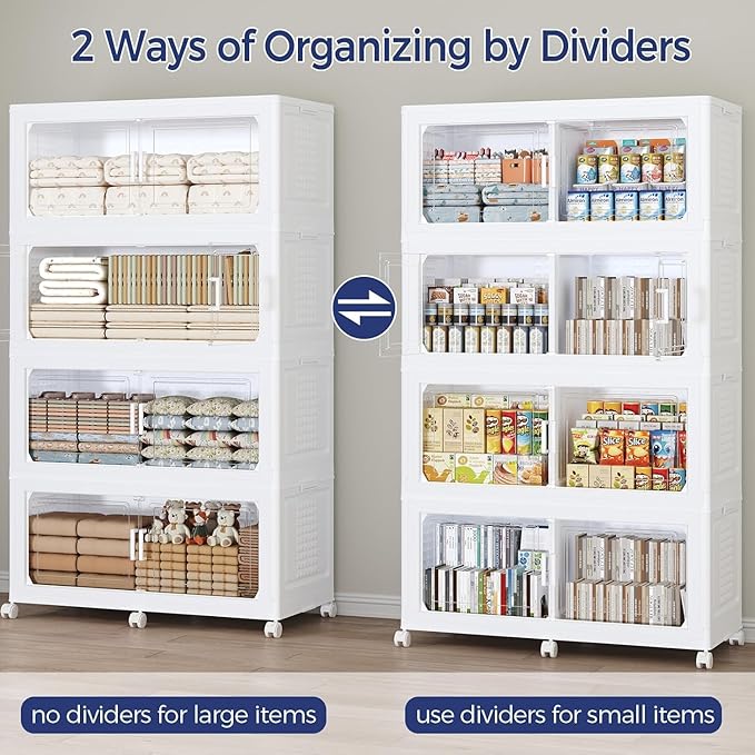 200Gal Stackable Storage Bins with Lid, 800Qt Extra Large Collapsible Storage Box with Wheels, Dividers, Folding Plastic Cabinet Closet Organizers for Home Kitchen Office Dorm, 5Pack White