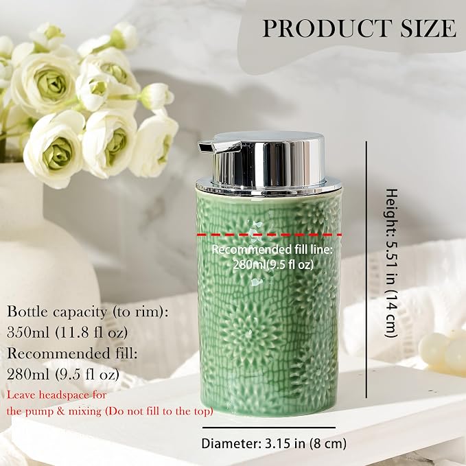 Green Foam Soap Dispenser,Foam Dispenser for Kitchen & Bathroom,Ceramic Soap Dispenser with Foam Soap Pump for Dish Soap&Hand Wash
