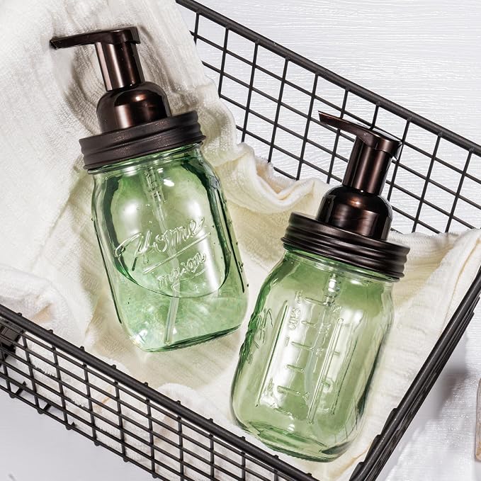 Amolliar Mason Jar Foaming Soap Dispenser, 16OZ Green Glass Hand Soap Dispenser, Plastic Pump & Stainless Steel Lid, Kitchen Dish Soap Bathroom Accessories, Farmhouse Soap Pump Bottle, Bronze 1 Pack