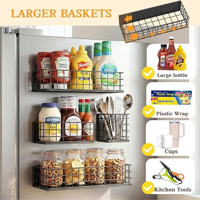 Ofiray-home Magnetic Fridge Shelf, 4-Pack Metal Strong Magnet Rack, Space Saving Spice Organizer, Utensil Holder, Fruit Potato Onion Storage Bins, Black Refrigerator Organizers and Storage