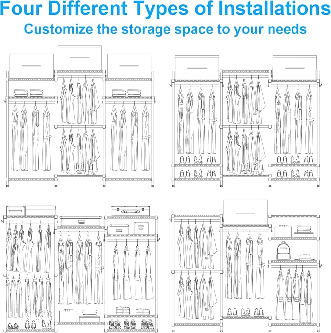 Ulif E13 Heavy Duty Clothes Rack（With 4 Hanger Rods & 8 Shelves） Freestanding Clothing Racks for Hanging Clothes，Adjustable Closet Organizer，Metal Garment Rack 63" W x16 D x77 H，Max Load 900LBS，Grey