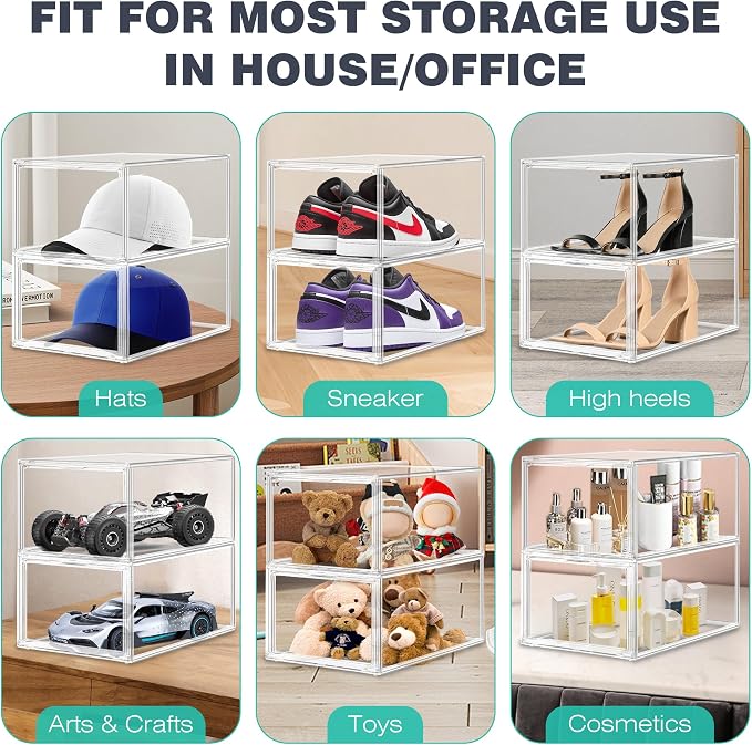 12 Pack Drop-Front Clear Shoe Box Acrylic Storage Box Shoe Organizer Size 13, Stackable Shoe Tower with Magnetic Door Large Storage Bins for Sneaker Containers Display & Closet Organization