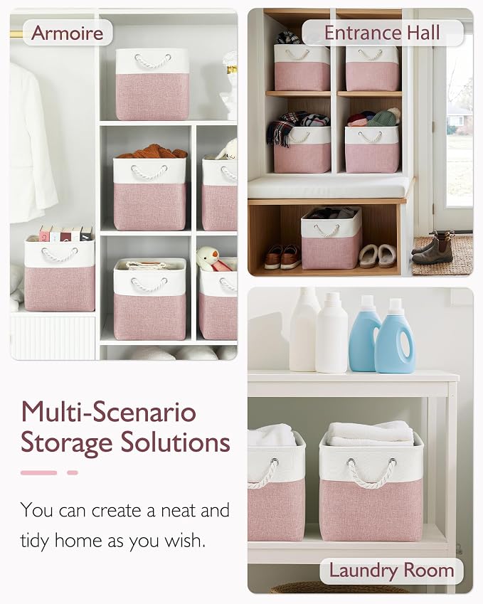 Patvingot 13x13x13 Cube Storage Bins,4 Pack Large Foldable Fabric Storage Cubes with Handles for Organizing Home, Closet, Shelf, Office(White&Pink)