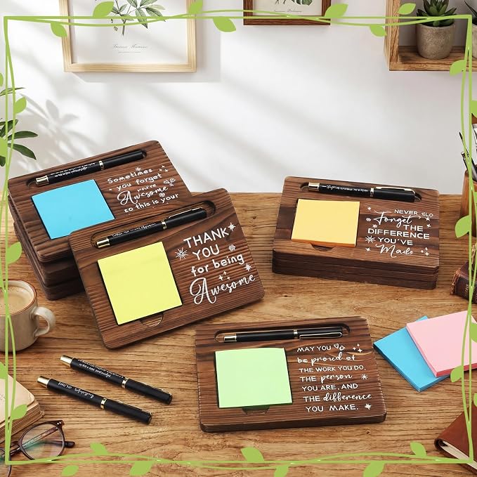 Kosiz 10 Set Back to School Teacher Gifts Bulk Thank You for Being Awesome Wooden Sticky Note Holder with Notes and Ballpoint Pens Thank You Gift for Teacher Team Employee Office Supplies