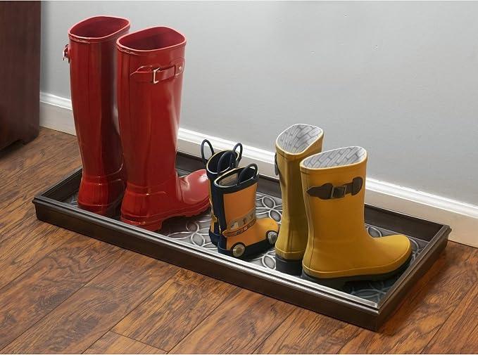 Good Directions Medium Boot Tray, Double Circles Multi-Purpose All Weather Decorative Tray, Shoes, Plants, Pet Bowls, 30x13x2 Inch, Dark Zinc Gray Steel