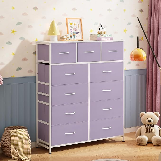 WLIVE Storage Organizer Unit with 11 Fabric Bins, Storage Drawers Organizer with Steel Frame, Tall Storage Tower Organizaton for Living Room, Hallway, Office, Purple