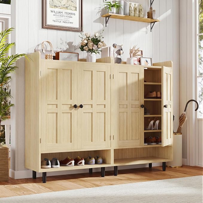 Farmhouse Shoe Cabinet with Doors, 6-Tier Wooden Shoe Organizer with Adjustable Shelves, Entryway Storage Cabinet, Rustic Shoe Storage for Entryway or Living Room (Nature)