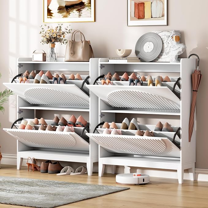 Vlsrka Shoe Cabinet with 3 Doors, Narrow Wooden Shoe Cabinet, Hidden Shoe Storage for Entryway, Foyer, Hallway (White CCC)