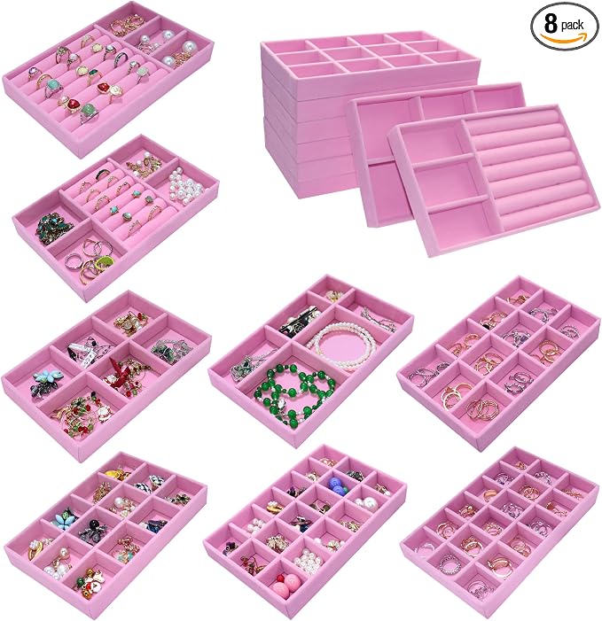Jewelry Trays for Drawer Orgainzer Set of 8 Stackable Velvet Jewelry Organize Display Storage Box Earring Showcase Dresser Drawer Organizer for Earring Necklace Bracelet Ring