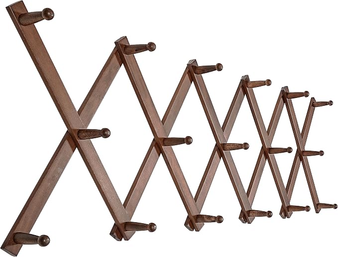 SKOLOO Hat Rack for Wall with 17 Hooks, Solid Wooden, Modern, Expandable Coat Rack Wall Mount for Coats, Hats, Bags, Baseball Caps, Walnut Color
