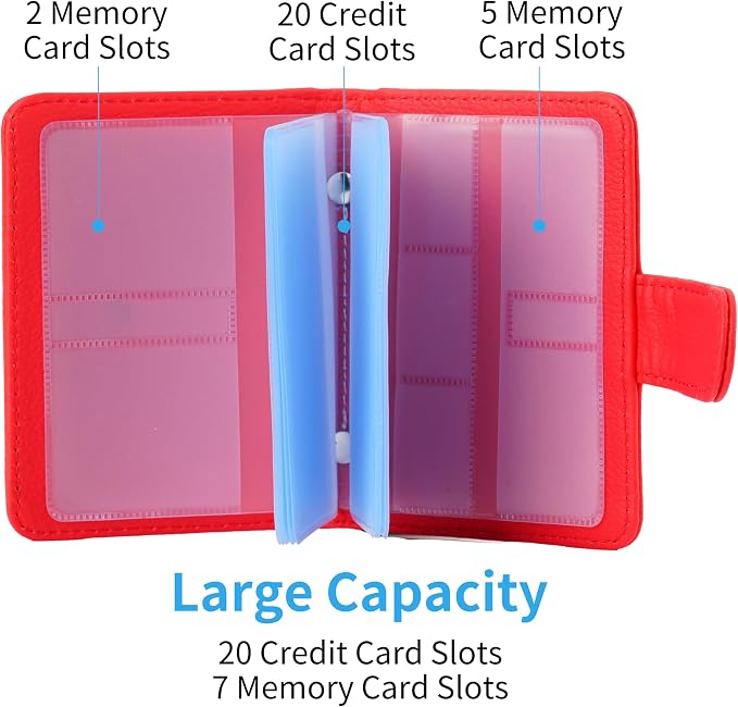 Wisdompro Slim PU Leather Credit Card Holder, Vertical Red | RFID Blocking Wallet Debit Card Protector, Organizer Case, Card Case, 20 Card & 7 Memory Card Slots, with Magnetic Closure