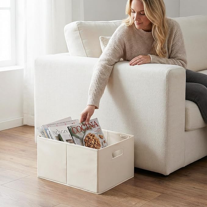 StorageWorks Fabric Storage Bins for Shelves, Closet Organizers and Storage Baskets, Closet Storage Bins with Cutout Handles, Large, 4-Pack, Ivory